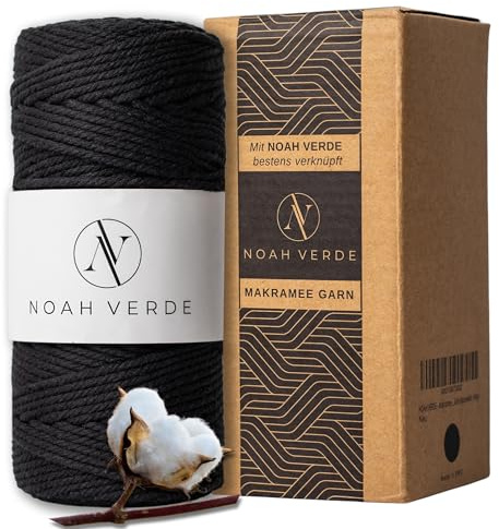 NOAH VERDE-Makramee Garn, Schwarz 3mm x 100m, Anleitung für Tasche, Gürtel, Obst- & Gemüsenetz, 24-seitiges E-Book, 100% Starkes Baumwollgarn, Macrame Cord, DIY-Boho Deko, Kordel Black Wolle Ostern