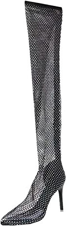 PAIDAXING Stivali da donna in rete velati con diamanti scintillanti, stivali alti al ginocchio, a punta, tacco alto, stivali sexy con strass, lunghezza coscia, stivali per feste serali, taglia 36-40,