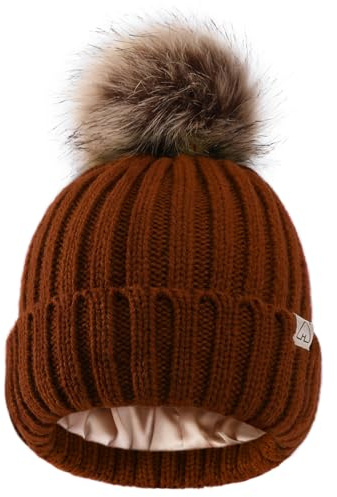 Hat Hut Berretto Invernale Donna con Pompon Cappelli Invernali in Raso Foderato per Capelli Ricci Caldo Pom Pom Beanie a Maglia Bobble Hat (IT, Testo, Taglia Unica, A2-Arancione Scuro)