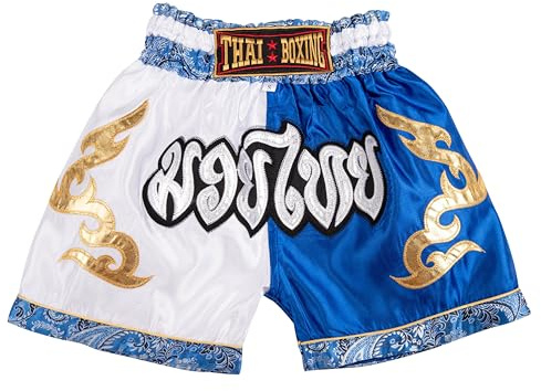 MUAY NATION Pantalones Cortos de Muay Thai para Niños (2 Años - 12 Años) Niñas Niños Pantalones de Boxeo para Kickboxing MMA Artes Marciales (FR/ES, Edad, 4 años, 6 años, Regular, Blanco/Azul)