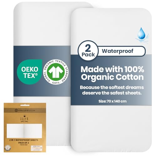 Lilly Belly Organic Cotton Waterproof, Cot Bed Sheets 140 x 70 Fitted | Gentle on Baby's Skin, Breathable Fabric for Cot Bed Sheets | Compatible with Travel Cot, Cot Bed Mattress Protector