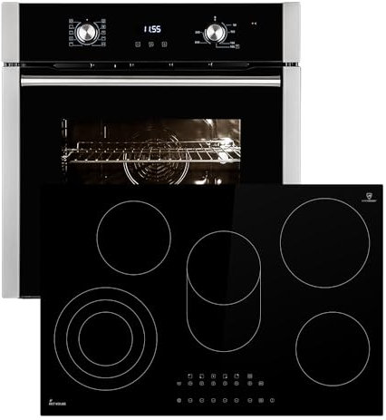 Autarkes Herdset: 60cm Einbaubackofen EB8010ED + 77cm Kochfeld KK7705RL | Grill | Umluft | Heißluft | Teleskopauszüge | Automatik-Timer | 2-fach Wärmeschutzverglasung | Kindersicherung | SET8010KK77RL