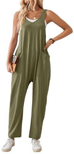 SotRong Jumpsuits for Women Casual Summer Hot Shot Onesie Rompers Sleeveless Loose Strap Baggy Overalls with Pockets Army Green M