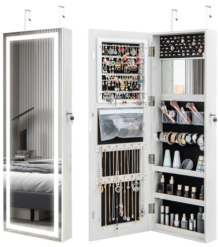 COSTWAY Armadietto Portagioie da Parete, Specchio Portagioie con Luci LED, Contenitore per Gioie Salvaspazio con Serratura e 3 Ripiani, Specchiera Portagioie a Muro, 40 x 12,5 x 120 cm