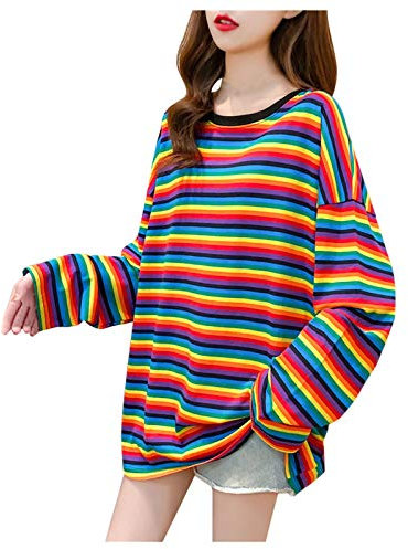 HOOUDO Tages Angebote Sale Frauen Lose Rainbow Contrast Color Striped Top Langarm T-Shirt Leichter Pullover Damen Women's Sports T Shirt White Long Sleeve Top Girls 5-6 Meine Bestellungen Anzeigen