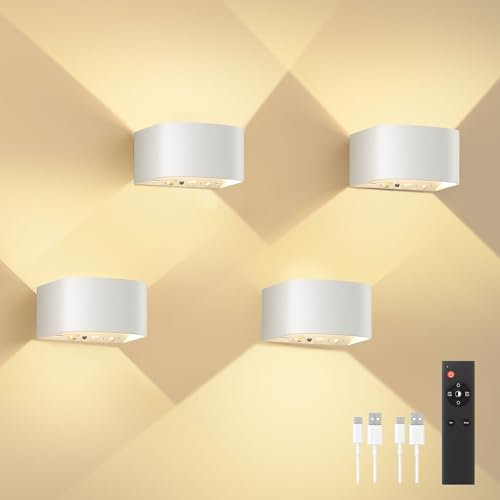 FULEN Wall Lights with Motion Sensor,Remote Control, 3 Colors,Up and Down Indoor LED Wall Sconces,On and Auto Modes, 5000mAh Rechargeable Battery Operated Wall Lamps,Brightness Adjustable White 4 Pack