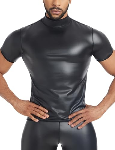 Men's Black Faux Leather Tshirt Short Sleeve Slim Fit Undershirt Wet Look Sleeveless Tank Top Round Neck Nightclub Party Shirts Muscle Tops