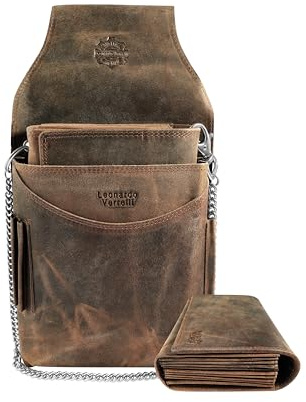LEONARDO VERRELLI Kellner Geldbörse aus Leder, Kellnerbörse, Taxi, Gastronomie, Geldbeutel, Damen Herren Portemonnaie mit oder ohne Holster, Steck-Tasche, mit Kette und großem Münzfach (Braun)