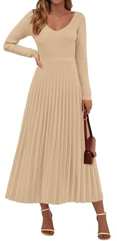 PRETTYGARDEN Women Sweater Dress Fall Fashion 2026 Long Sleeve V Neck Ribbed Knit Pleated A Line Elegant Maxi Winter Dresses (Beige,Medium)