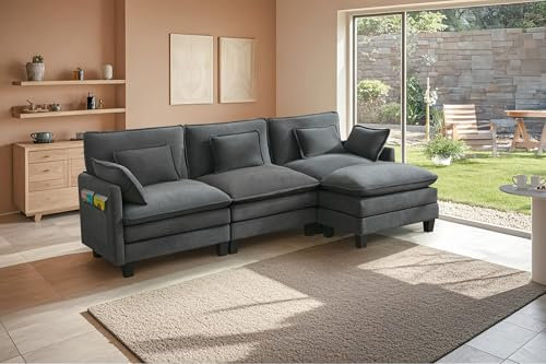 ZRNINR L-förmiges modulares Ecksofa mit Ottomane, 4-Sitzer-ofa mit tiefer Sitzfläche, bequemes Wolkensofa mit Kissen, modernes Sofa für Wohnzimmer, Schlafzimmer, Wohnung, Büro (287CM, Dunkelgrau)
