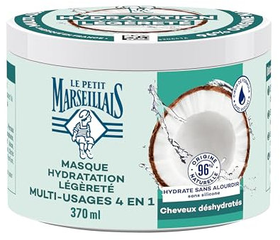 Le Petit Marseillais Masque 4 en 1 Hydratation Légèreté Eau de Coco Bio (Pot de 370 Ml) – Masque Capillaire pour Cheveux Déshydratés – Soin Cheveux sans Silicone 96% d'Origine Naturelle