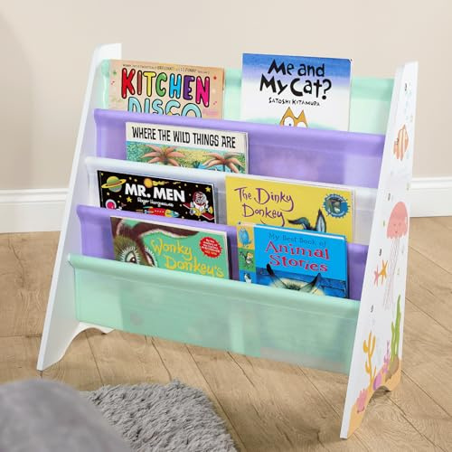 Home Source Children’s 4 Tier Bookshelf – Kids’ Book Storage with Open Shelves – Sealife Animal Design – Bedroom & Playroom Furniture