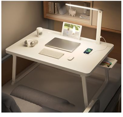 Uppgraderat vitt knäskrivbord med integrerad lampa – sängbord och brickbord för bärbar dator 60 x 40 cm perfekt för hem kontor studier spel och enkla förvaringslösningar