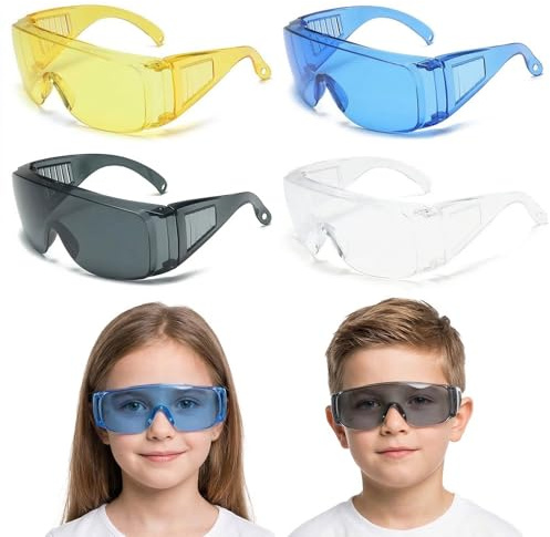 GWEOR 4 Gafas de Seguridad para Niños, Gafas Protectoras Infantiles Ajustables para Laboratorio, Ciencia y Bricolaje, Pack de 4 Colores (Azul, Transparente, Gris, Amarillo) - Protección Ocular Escolar