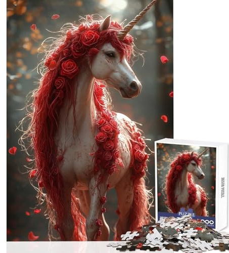 1000-teiliges Puzzle für Erwachsene mit rotem Rosen-Einhorn-Motiv Dekoration für Zuhause Spielzeug Geschenk für Frauen und Männer praktisches Spiel für Geburtstag und Weihnachten Größe 38x52cm