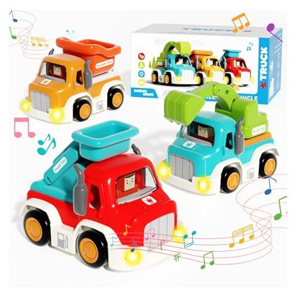 goeringii 3 Packs Construction Truck Toy Playsets, Friction Powered Vehicles with Light and Sound, Including Excavator, Dumper, Firetruck, Toddler Kids Boys Gifts