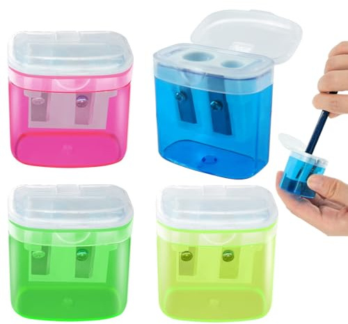 GNALIA Taille Crayon Avec Réservoir, 4 Pièces, Couleurs Rouge, Jaune, Bleu, Vert, Manuel 2 Trous, Longueur 4Cm X Largeur 3.5Cm X Hauteur 2Cm, Pour Enfants École Bureau