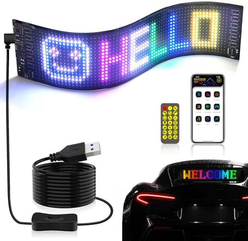 BRIMETI Insegna Luminosa LED Pannello LED Programmabile 59.5x12cm USB 5V Schermo Flessibile Scorrimento Matrice con Bluetooth APP Controllo Display per Auto Bar Negozio Festa Decorazione