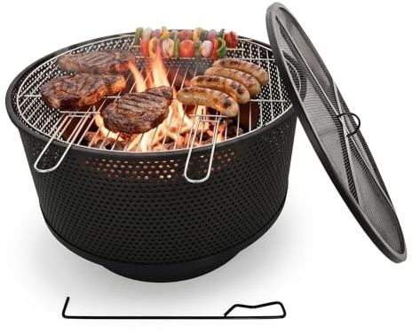 Relaxdays Eldskål, Ø 61 cm, med grillgaller, gnistskydd och förklädkrok, 3 i 1 eldstad trädgård, eldkorg, svart
