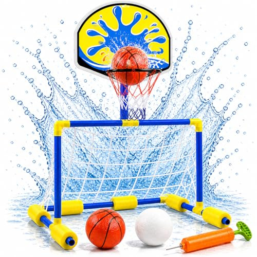 ATHLEJOY 2-i-1 vattenbollsspel för pool – basketkorg och vattenbollsmål för barn och vuxna inkl. bollar – vattennöje för trädgård och pool