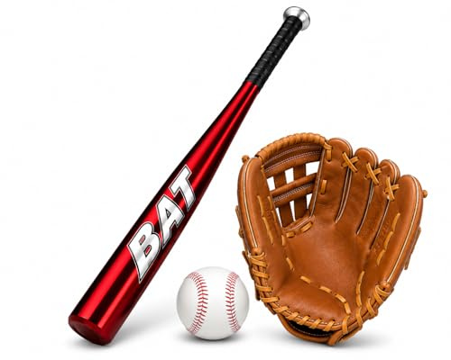 D.I.L Baseball Bat Set, 30 Inch Aluminium Metal Bat with Ball and 10.5 Inch Leather-Style Glove, for Outdoor Training, Red, Blue, Black, Silver (Red)