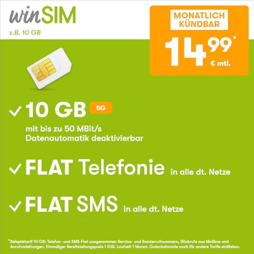 winSIM Handytarif z.B. Allnet Flat 10 GB – (Flat Internet 5G 10 GB, Flat Telefonie, Flat SMS und Flat EU-Ausland, 14,99 Euro/Monat, monatlich kündbar) oder andere Tarife