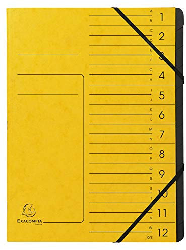 Exacompta 541209E Premium Ordnungsmappe geheftet. Aus extra starkem Colorspan-Karton DIN A4 12 schwarze Fächer und 2 Gummizüge mit Organisationsdruck Ringmappe Register-Mappe gelb