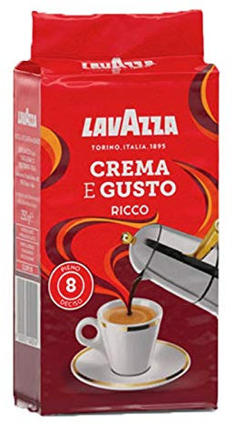 Lavazza Crema e Gusto Ricco - Caffè Macinato per Moka - Arabica e Robusta - Gusto Denso e Liquoroso - Note Caramellate e Sentori di Cacao - Intensità 7 - Tostatura Scura - 250 g