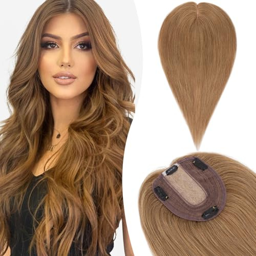Complément Capillaire Femme Cheveux Humains Naturels Extension A Clips 50g Toupet Femme 10 * 12cm Avec Silk Top Base 2.5X9CM, 16 Pouces, #6 Châtain Clair