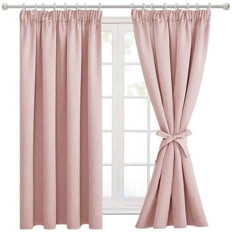 Hiasan Pencil Pleat Blackout Thermal Insulated Curtains, Bedroom and Living Room with Tiebacks, Energy Saving and Noise Reducing, 2 Panels, 66 x 54 Inch, Blush Pink