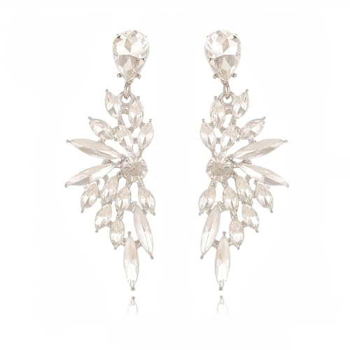 FENBORY Silver Clear Rhinestone Statement Earrings Cluster Crystal Drop Dangle Earrings Teardrop Chandelier Earring Dangling Prom Wedding Bridal Earrings for Women
