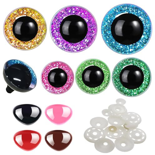 CONNECTION Sicherheitsaugen für Häkeltiere,Amigurumi Augen Puppenaugen und Sicherheitsnasen mit Unterlegscheiben Farbig Groß Safety Eyes Knopfaugen für Puppenherstellung Plüschtier Teddyaugen (72 pcs)