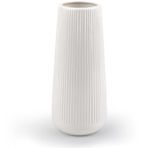 Vaso in Ceramica Bianco Decorativo - Moderno Con Scanalature per Fiori, Erba della Pampa - Piccolo per Casa, Soggiorno, Tavolo da Pranzo, Ingresso, Ufficio