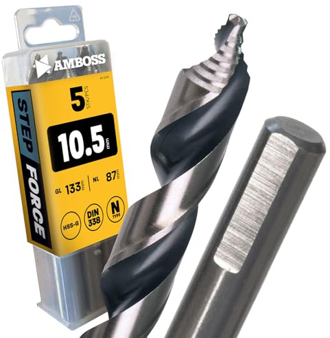 5 x spiralborr Step Force Ø10,5 mm – HSS-G DIN 338 för stål, byggstål, aluminium, färgmetaller AMBOSS WERKZEUGE® borrplåt, profiler – sexkant för borrmaskin, batteriborr, stående borrmaskin