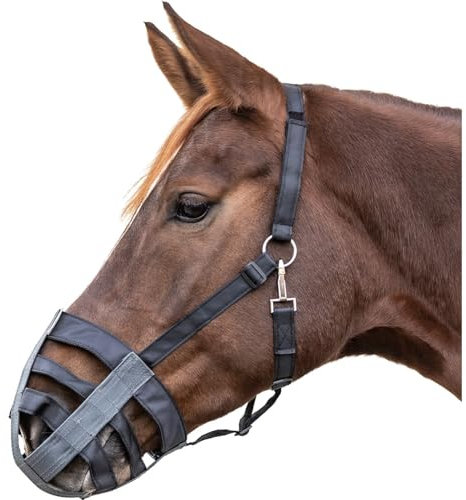 Marengos - Maulkorb Textil – Fressbremse Pferd & Pony – zur Kontrolle von Grasverzehr & bei Krankheit – gefüttert & stufenlos einstellbar – Fressschutz in Schwarz/Grau für Vollblut