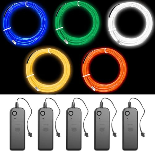 Joycabin 5 Stück EL Draht, 3M Neon Kabel Mit Batterie Trafo, Portable Neon leuchtende Wearable LED Lights für Partys, Karneval, Halloween, DIY Kostüm Dekoration (Blau, Grün, Orangerot, Gelb, Weiß)
