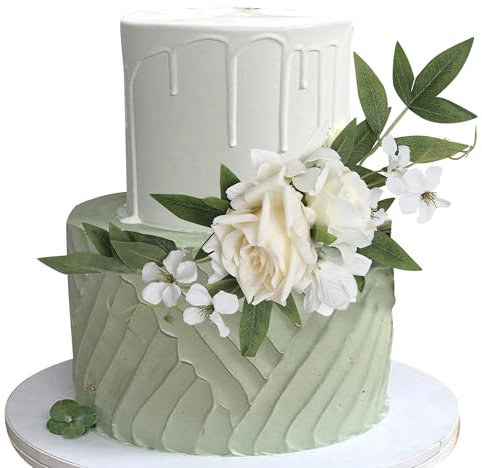 Xsstarmi 1 Pack Assembled Artificial Flower Cake Topper White Rose Flower Artificial Leaves Cake Pick Decoration for DIY Wedding Bithday Valentine's Day Party Cake Decorations Supplies