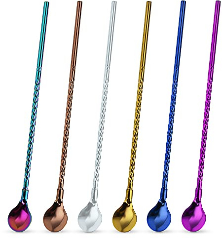 Lot de 6 pailles en acier inoxydable - Pailles avec cuillère de 20,3 cm - Cuillère à glace - Cuillère à café - Cuillère à cocktail - Réutilisable pour boisson froide