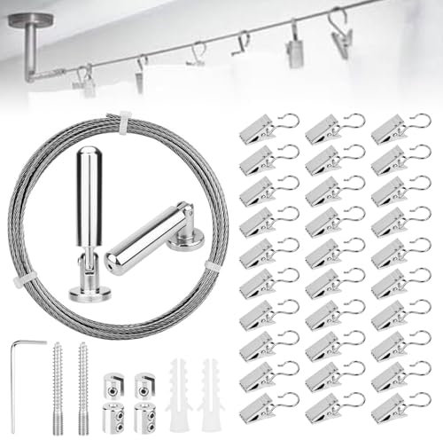 Huucozn Cavo Metallico per Tende,Filo per Tende in Acciaio Inossidabile da 5m,Cavo di Tensione Della Tenda con 30 Pz Gancio per Appendere Tende Da Doccia, Foto, Artigianato