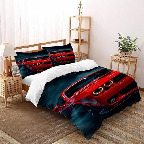 Coche Deportivo Rojo Juego De Cama Tamaño De Microfibra Supercoche Bedding Funda De Edredón 3 Piezas - 2 Funda De Almohada(50 * 75) Double（200x200cm）