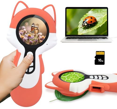 Microscope numérique 2 en 1 pour Enfants, Un Objectif Photo et Un Objectif de microscopique, Microscope Enfant 100X avec Carte mémoire 16GB, pour Petits explorateurs, Renard