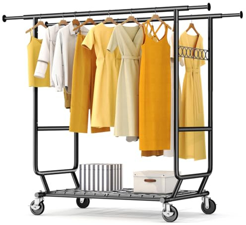 HOKEEPER Burro de Ropa Resistente de Doble Barra con Ruedas, 295kg, con Estante Inferior, Extensible - Ideal para Dormitorio, Boutique, Lavandería, Negro