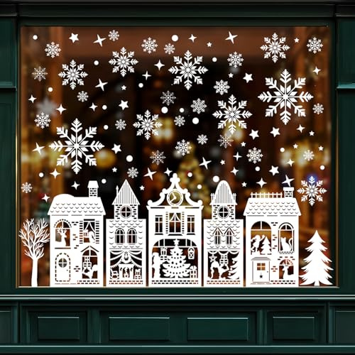 SHATOO Christmas Window Stickers Large Reusable, 184PCS White Xmas Window Stickers Double Sided, Merry Christmas Window Clings Decals for Shop Window Xmas Decorations with Winter House Snowflake