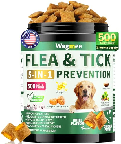 Flea and Tick Support for Dogs Chews – 500 Tasty Chicken Flavor Soft Chews, with Pumpkin Seed Extract, Fish Oil, and Vitamins for Dogs, Puppies, All Breeds & Ages.