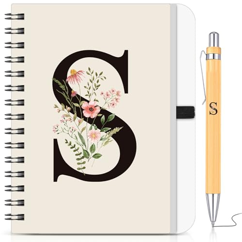 BBTO Personalized Initial S Spiral Notebook and Pen Set for Women, School Leaver Gifts Floral B6 Notebook with Bamboo Pen for Graduates Teacher Colleague Employee Appreciation New Job Congrats Gift