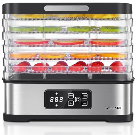Dörrautomat mit 5 Etagen, Edelstahl-Basis, Digitaler Touch-Display für Präzise Temperatur & Zeitsteuerung, Kompakter Obsttrockner für Dörrfleisch, Obst, Gemüse und Kräuter (White)