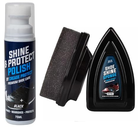 Crease Protect Black Leather Shine Bundle – Polishing, Protecting & Maintaining Leather (Shoe Shine Sponge & Shine & Protect Polish (Black))