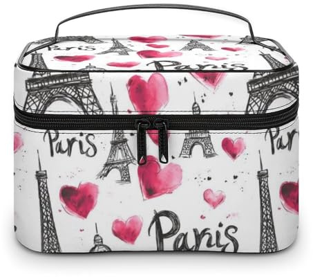 Nevjipu Grande borsa da viaggio in pelle, organizer da viaggio con torre Eiffel e scritta Love, per cosmetici, cosmetici, cosmetici, cosmetici, cosmetici, con scomparti, porta pennelli e manico