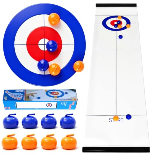 KASURE Tabletop Curling Game, Portable Team Board Games with 16 Stones Compact Fun Easy Setup Curling Family Games for Adult Kids Travel Home Party Office School