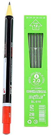 ABAJ Baile Porte-mine automatique 2,0 mm (2B) avec boîte de mines (2,0 mm x 120 mm, 12 mines) – Couleur du corps : noir